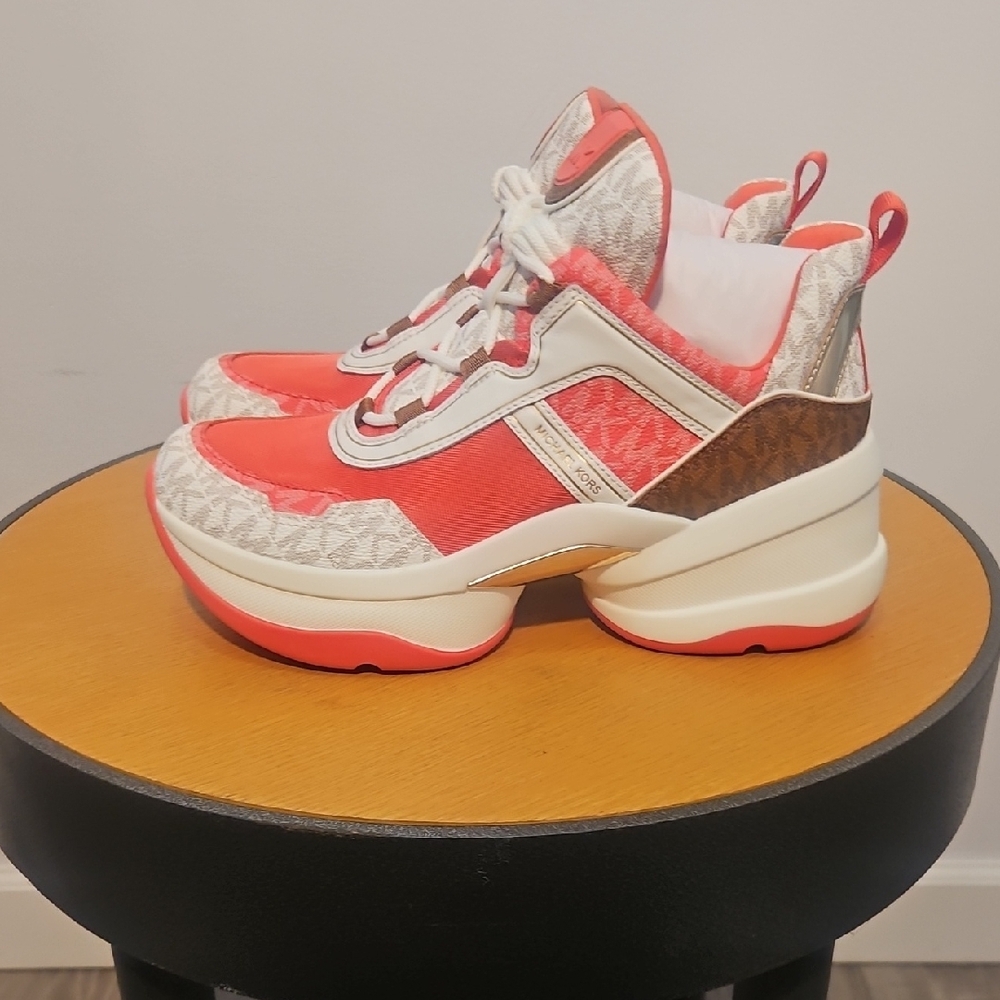 Michael Kors Women's Coral and White Sneakers - Picture 3 of 8